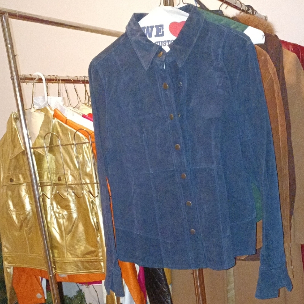 Navy Blue Suede Button-Up Women's Top